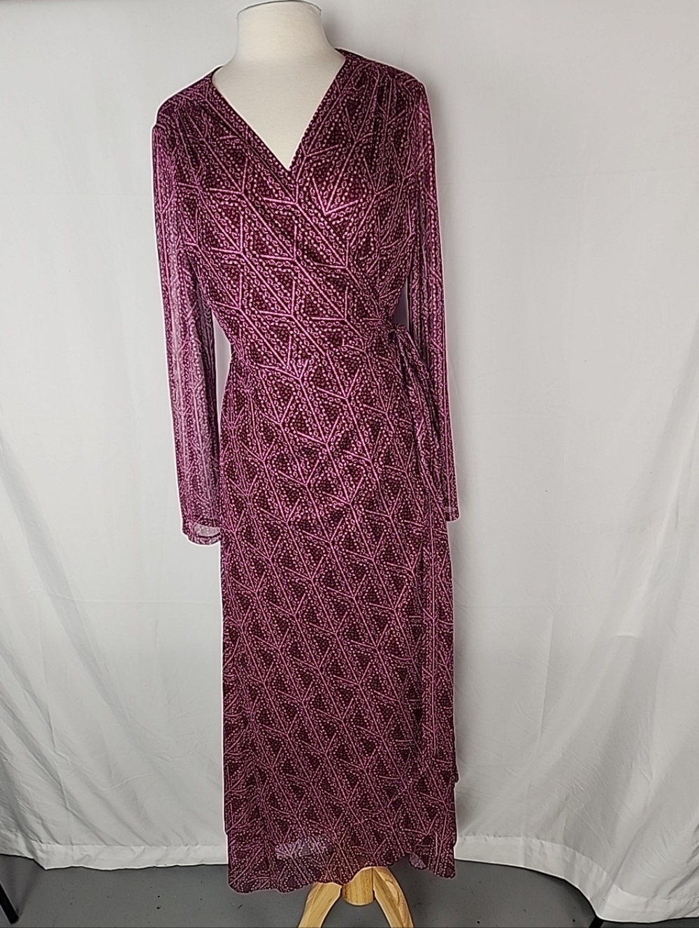 Laundry Shelli Segal Wrap Dress Women 14 Burgundy Pink Maxi Hi Lo Sheer Sleeve